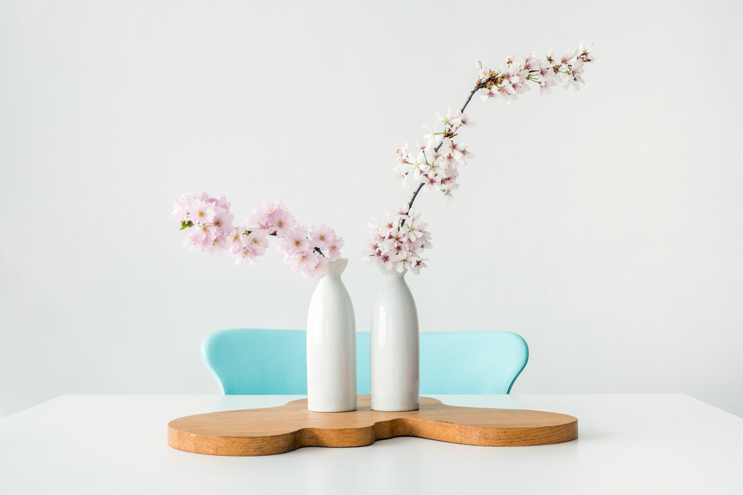 pink cherry blossom branches in white vases teal chair in background