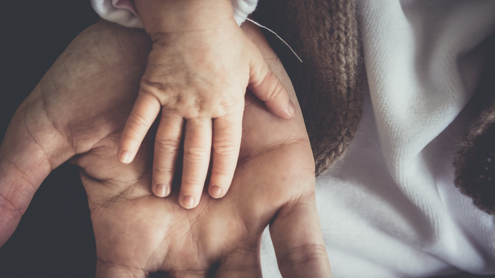 Close-up of a small child’s hand resting on an adult’s hand, symbolizing inner child healing and emotional support
