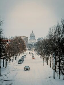 Image of snowy roads in the winter in Madison WI