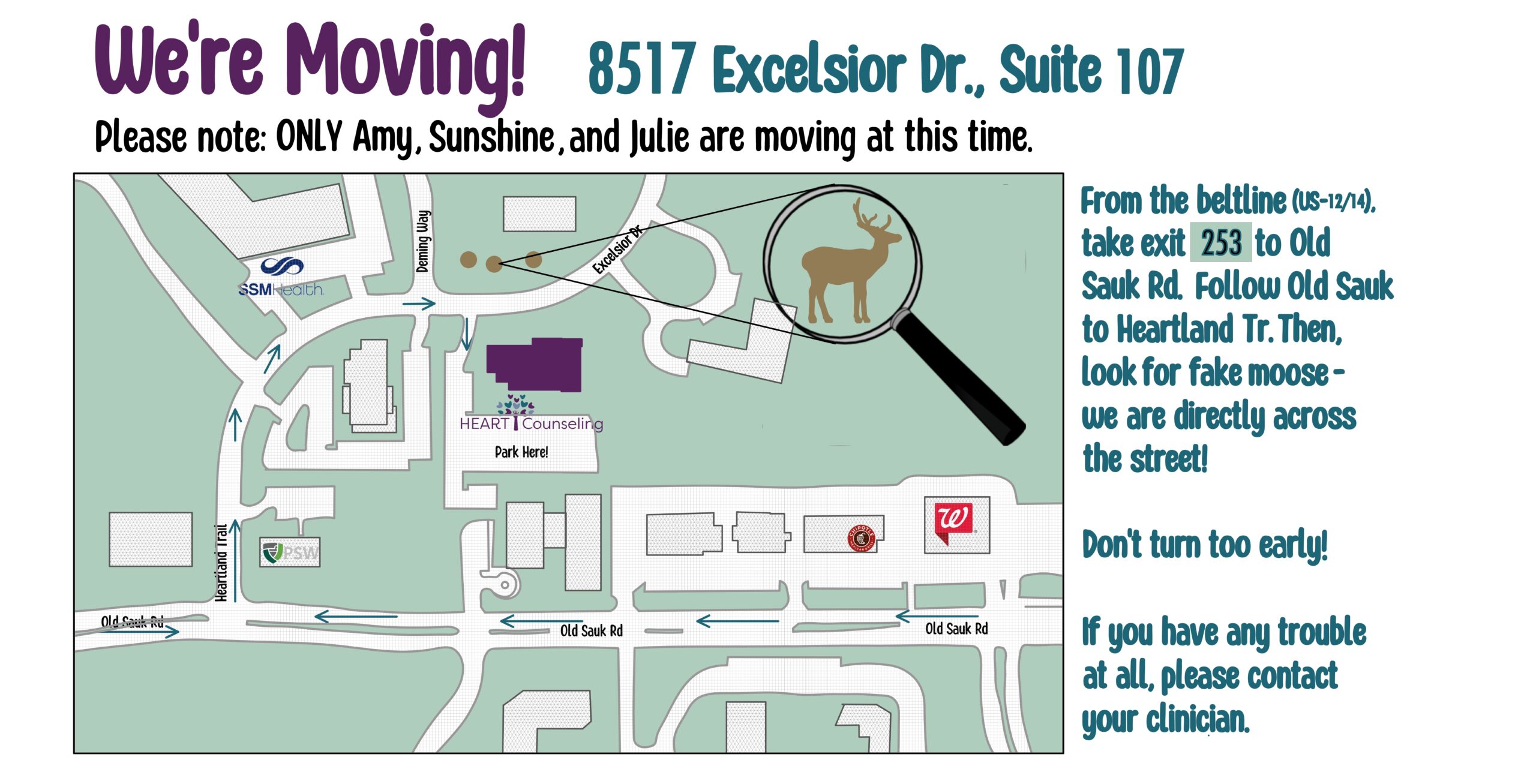 Map showing directions to HEART Counseling’s new office at 8517 Excelsior Drive in Madison WI for anxiety and depression therapy