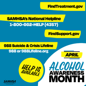 Alcohol Awareness Month resource graphic with SAMHSA helpline, 988 Lifeline, and FindTreatment.gov for mental health and substance use support in Wisconsin
