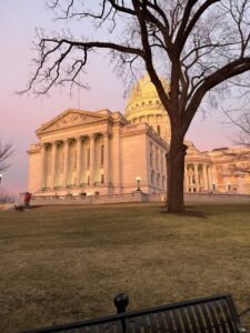 Near the Wisconsin State Capitol at sunset in spring, practicing mindfulness and stress relief in Madison WI