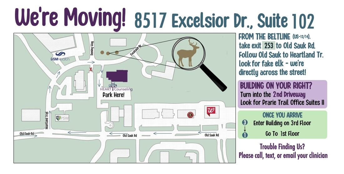 Map showing directions to HEART Counseling’s new office at 8517 Excelsior Drive, Suite 102, in Madison WI for anxiety and depression therapy