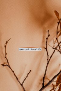 Minimalist image featuring the words “mental health” on textured paper beside bare branches, symbolizing emotional vulnerability, resilience, and reflection during Mental Health Awareness Month in Madison WI.