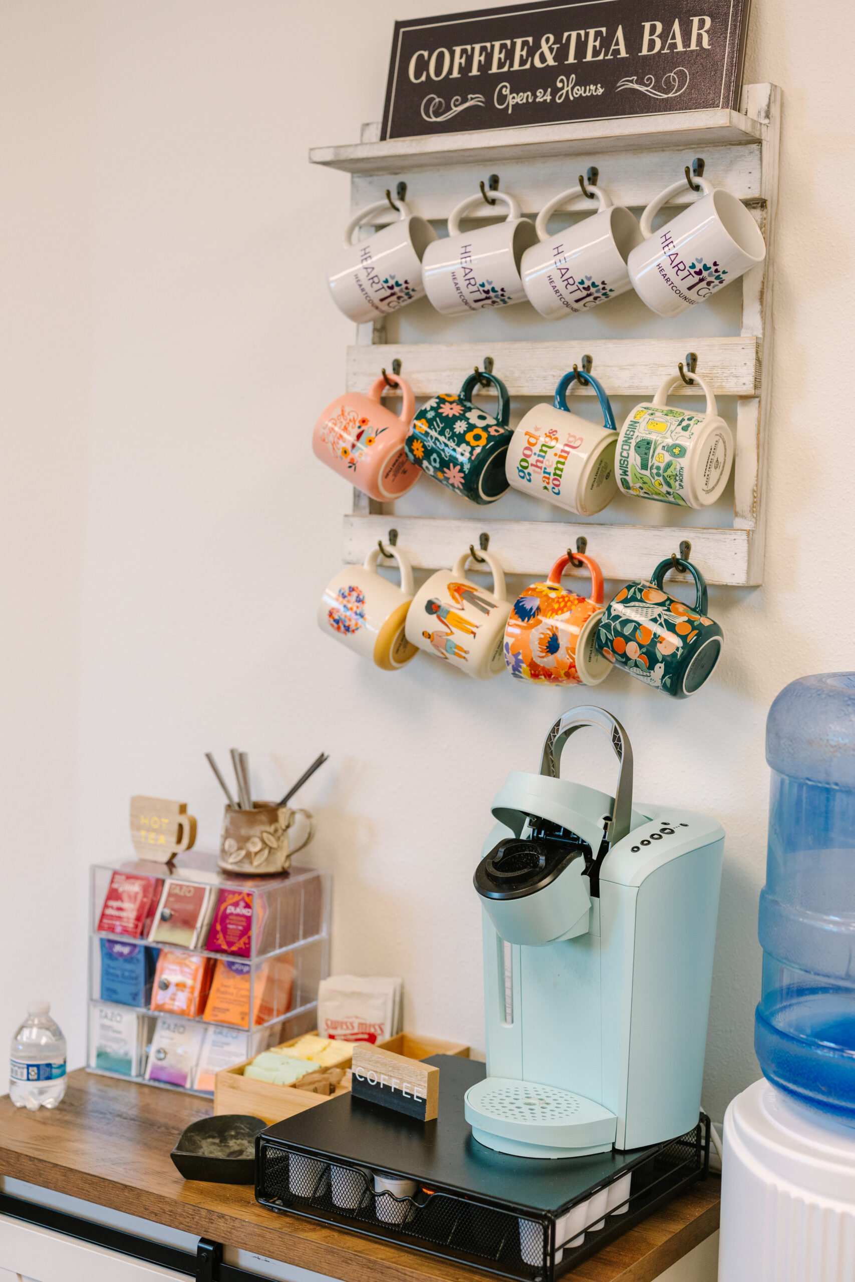 Coffee and tea station at HEART Counseling in Madison, WI available for clients before their first therapy session.