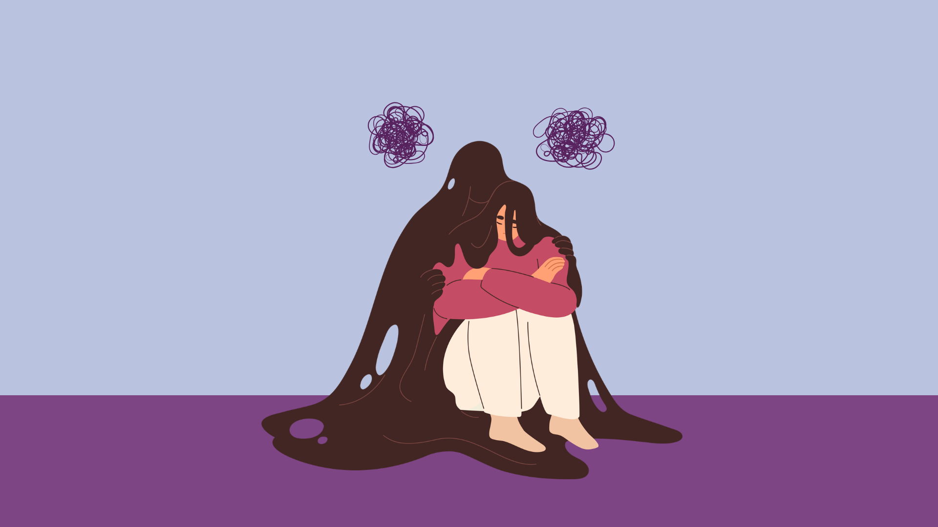 illustration of a person sitting with anxious thoughts and a shadow representing overwhelming anxiety used by therapists near me to represent the overwhelming nature of anxiety.