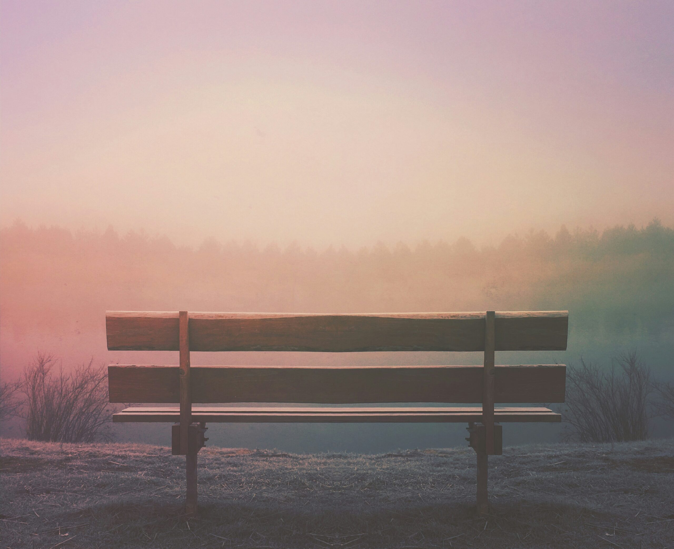 Empty park bench overlooking a misty lake representing loneliness, reflection, and hope for connection.