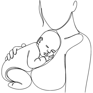 Line illustration of a parent holding a sleeping baby against their chest