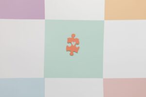 Single puzzle piece with a heart symbol representing belonging, identity, and human connection.