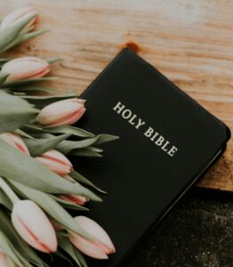 Holy Bible with spring tulips representing Christian faith, hope, and spiritually integrated counseling.