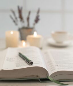 Open Bible and journal in a peaceful setting representing reflection, prayer, and Christian counseling.
