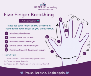 Five finger breathing exercise for anxiety showing how to trace each finger while slowly breathing in and out.