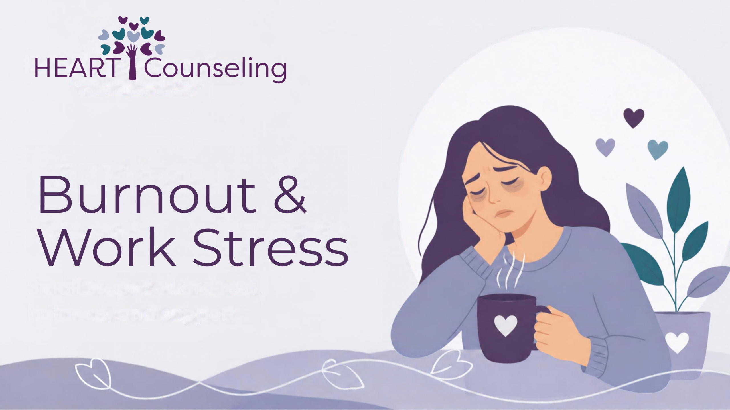 Illustration of a woman considering therapy for work stress and burnout at HEART Counseling in Madison Wisconsin after feeling exhausted.