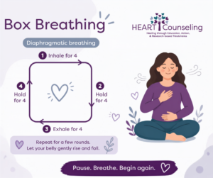 Box breathing exercise for anxiety showing a four-count diaphragmatic breathing technique from HEART Counseling in Madison, WI.