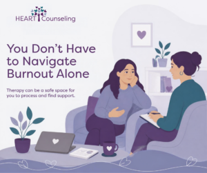 Client talking with a therapist about burnout and workplace stress, representing work stress therapy WI at HEART Counseling.