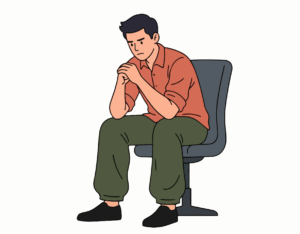 Illustration for those looking for an Anxiety therapist near me of a person sitting in a chair with a worried expression and hands clasped together.