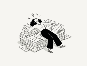 Anxiety therapist near me illustration of an overwhelmed person lying across piles of paperwork, representing stress and anxiety.