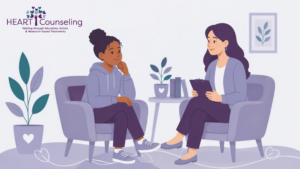 Teen in a therapy session with a counselor discussing back to school stress and mental health.