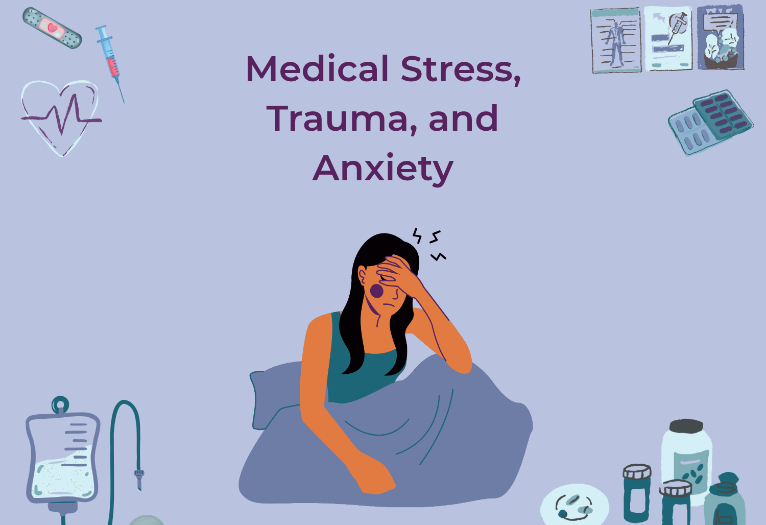 Illustration of a distressed woman surrounded by medical supplies, representing medical stress, perinatal trauma and mental health, anxiety, and trauma and the need for therapy.
