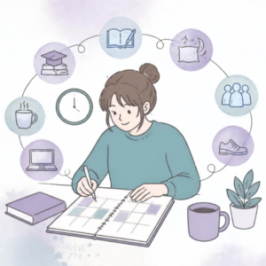 Student making a weekly schedule to manage back to school stress, studying, sleep, activities, and responsibilities.