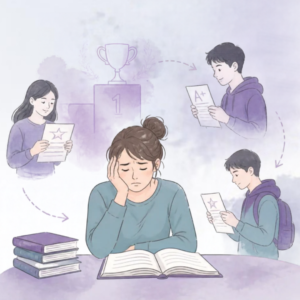 Overwhelmed student experiencing academic pressure and back to school stress while comparing grades with other students.