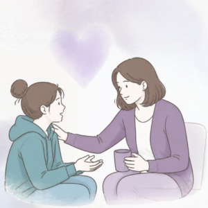 Teen asking a supportive adult for help with back to school stress and feeling overwhelmed.