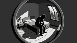 Illustration of a person sitting alone on a bed, reflecting the emotional isolation explored in relationship trauma therapy.